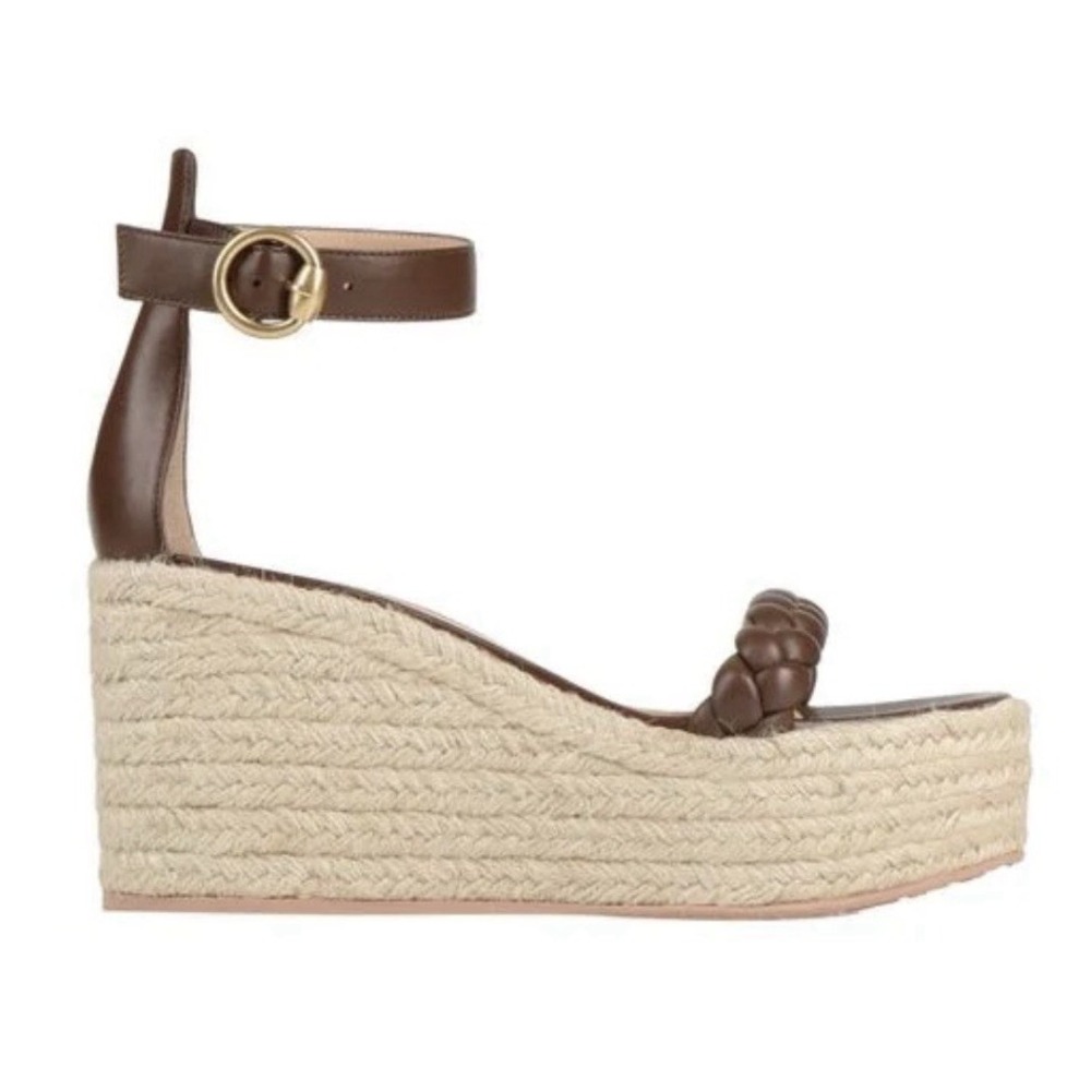 Gianvito Rossi Merida Braided Leather Espadrille Wedge Sandals Brown 37.5